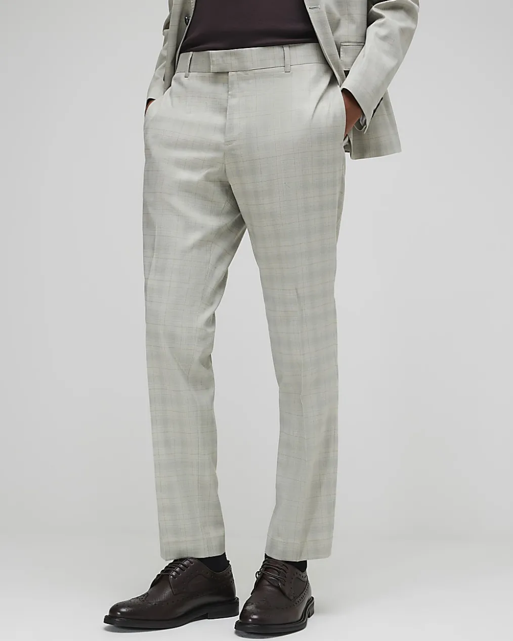 Beige Skinny Fit Stretch Check Suit Trousers