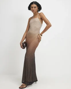 Beige Sleeveless Diamante Maxi Dress