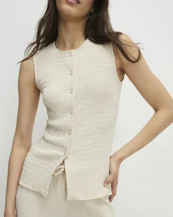 Beige Sleeveless Textured Button Through Top