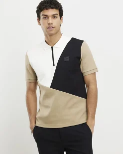 Beige Slim Fit Blocked Crew Neck T-Shirt