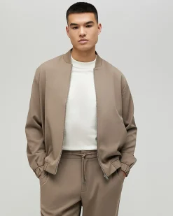 Beige Slim Fit Stretch Bomber Jacket