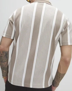 Beige Slim Fit Stripe Lightweight Polo Shirt