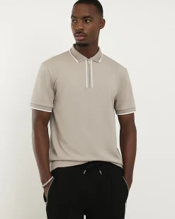 Beige Slim Fit Textured Zip Tip Polo Shirt