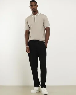 Beige Slim Fit Textured Zip Tip Polo Shirt