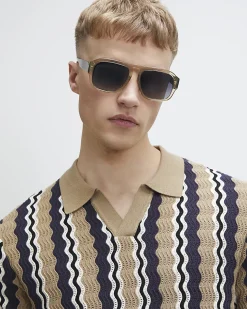 Beige Slim Fit Wavy Stripe Polo Shirt
