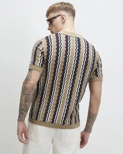 Beige Slim Fit Wavy Stripe Polo Shirt