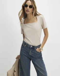 Beige Square Neck Fitted T-shirt