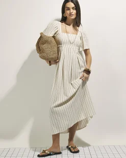 Beige Stripe Linen Blend Shirred Midi Dress
