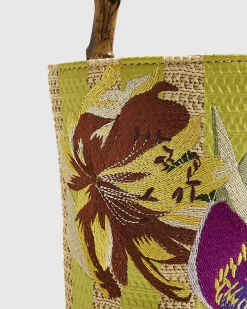 Beige Striped Embroidered Bucket Bag