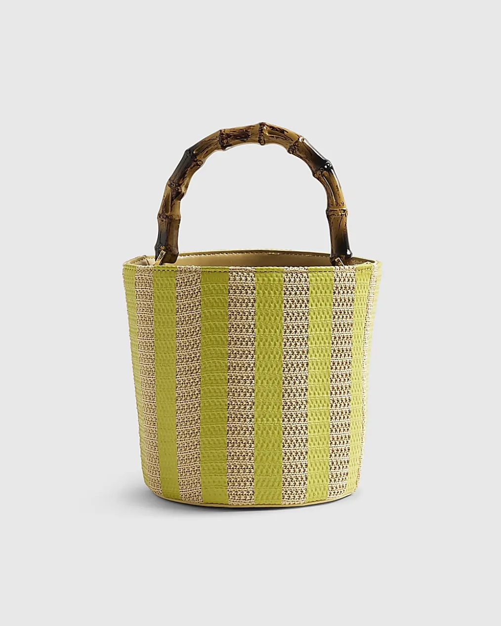 Beige Striped Embroidered Bucket Bag