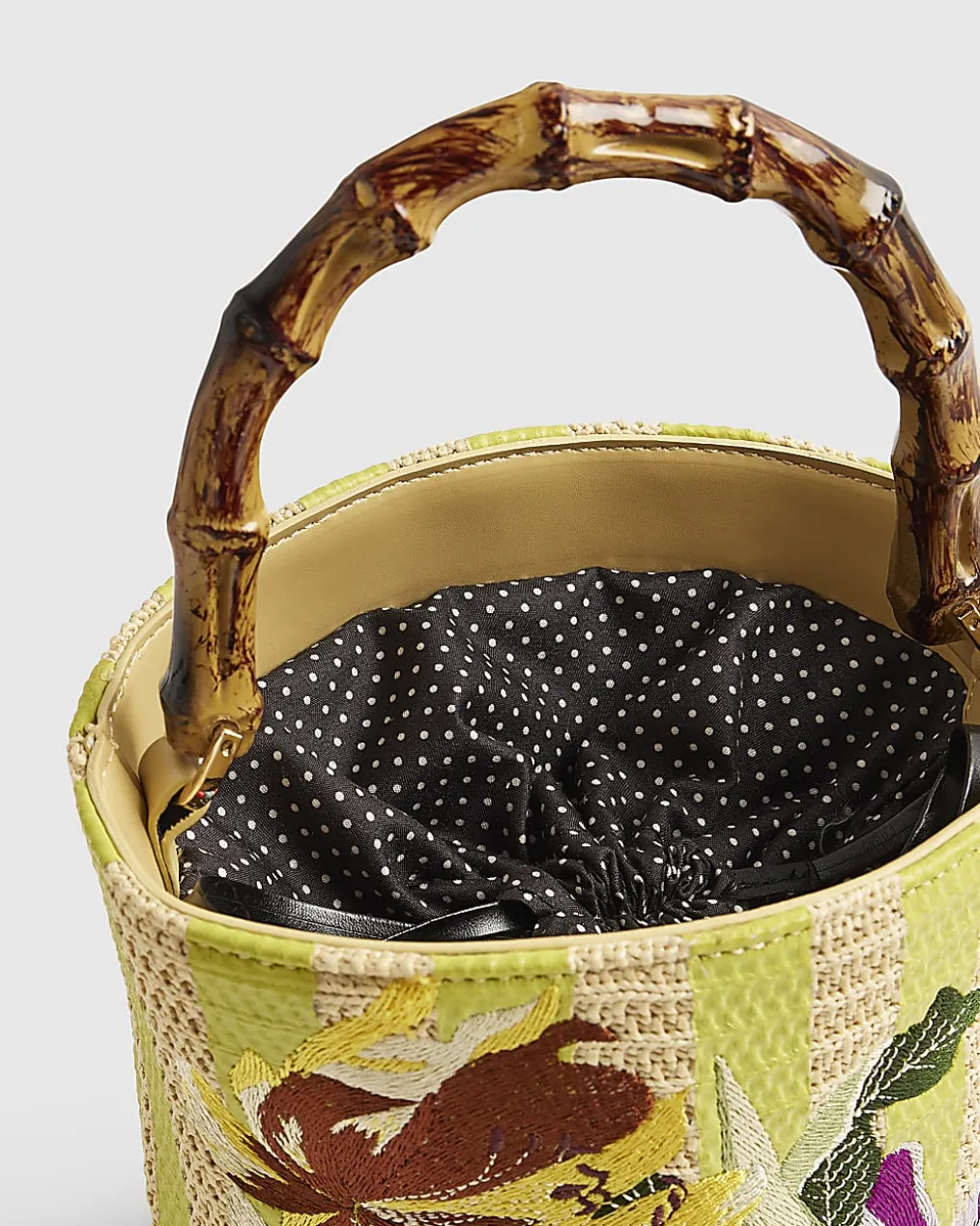 Beige Striped Embroidered Bucket Bag