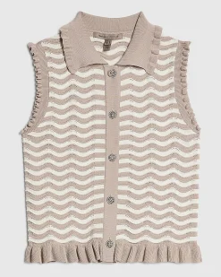 Beige Striped Knit Collared Tank Top