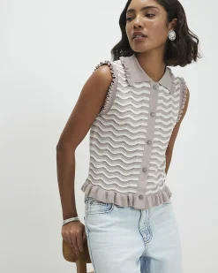 Beige Striped Knit Collared Tank Top