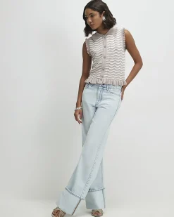 Beige Striped Knit Collared Tank Top
