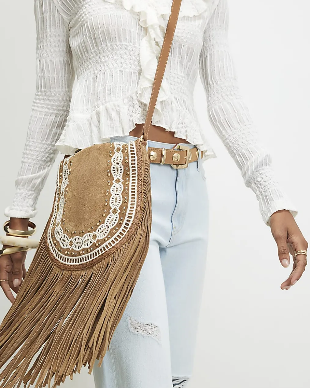 Beige Suede Embroidered Fringe Crossbody Bag