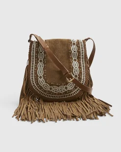 Beige Suede Embroidered Fringe Crossbody Bag