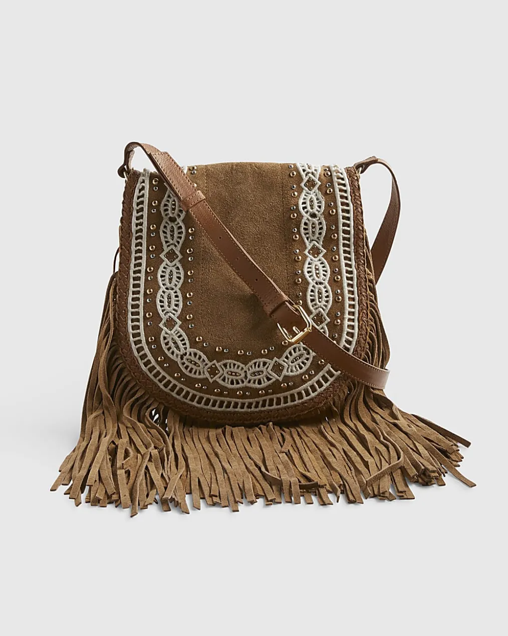 Beige Suede Embroidered Fringe Crossbody Bag