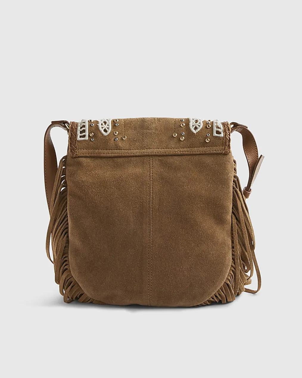 Beige Suede Embroidered Fringe Crossbody Bag