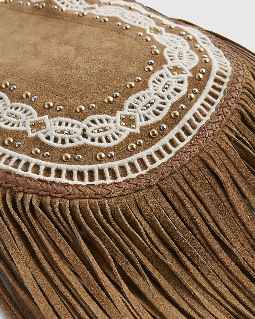 Beige Suede Embroidered Fringe Crossbody Bag