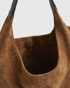Beige Suede Fringed Slouch Shoulder Bag