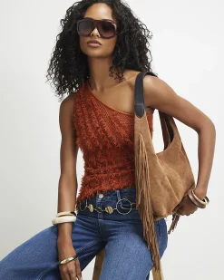 Beige Suede Fringed Slouch Shoulder Bag