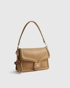Beige Tab Front Cherry Charm Shoulder Bag