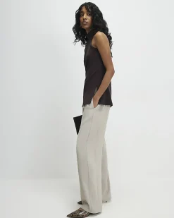 Beige Tailored Drawstring Wide Leg Trousers
