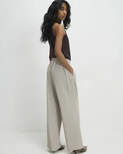 Beige Tailored Drawstring Wide Leg Trousers