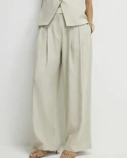 Beige Tailored Wide Leg Trousers