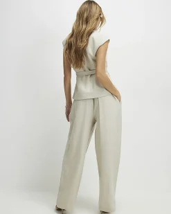 Beige Tailored Wide Leg Trousers