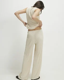 Beige Texture Drawstring Wide Leg Trousers
