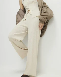 Beige Texture Drawstring Wide Leg Trousers