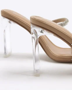 Beige Wide Fit Diamante Strap Heeled Sandals