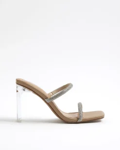 Beige Wide Fit Diamante Strap Heeled Sandals