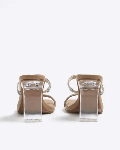 Beige Wide Fit Diamante Strap Heeled Sandals