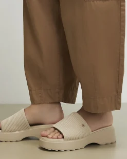 Beige Wide Fit Knitted Mule Flatform Sandals