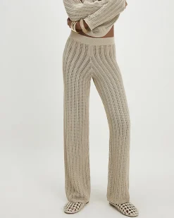Beige Wide Leg Knitted Trousers
