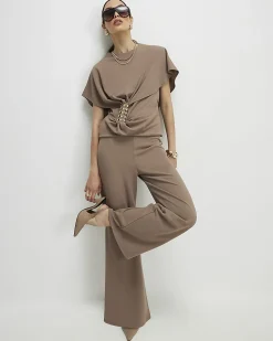 Beige Wide Leg Trousers