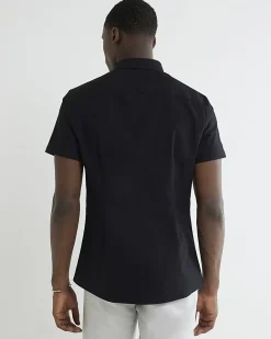 Black Textured Muscle Fit Short Sleeve Shirt