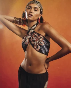 Black Beaded Floral Halter Neck Crop Top