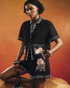 Black Beaded Floral Shorts