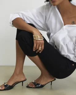 Black Buckle Pointed Heeled Mules