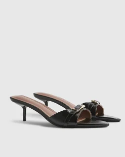Black Buckle Pointed Heeled Mules