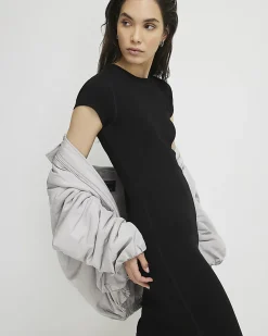 Black Cap Sleeve Ribbed Midi Dress