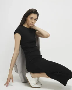 Black Cap Sleeve Ribbed Midi Dress