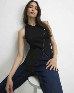 Black Collarless Asymmetric Waistcoat