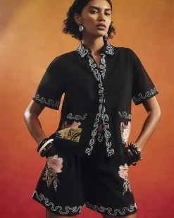 Black Cotton Beaded Floral Shirt