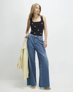 Black Cotton blend Daisy Embellished Tank Top