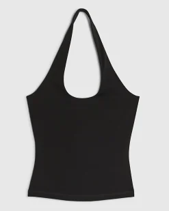 Black Cotton Blend Halter Neck Tank Top