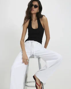 Black Cotton Blend Halter Neck Tank Top